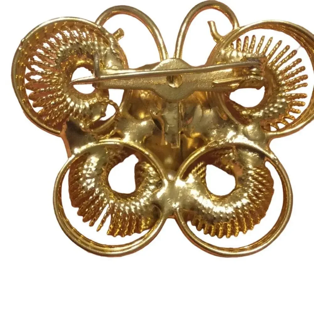 Vtg Butterfly‎ brooch wire pin gold gem rhinestone MCM fashion jewelry granola
